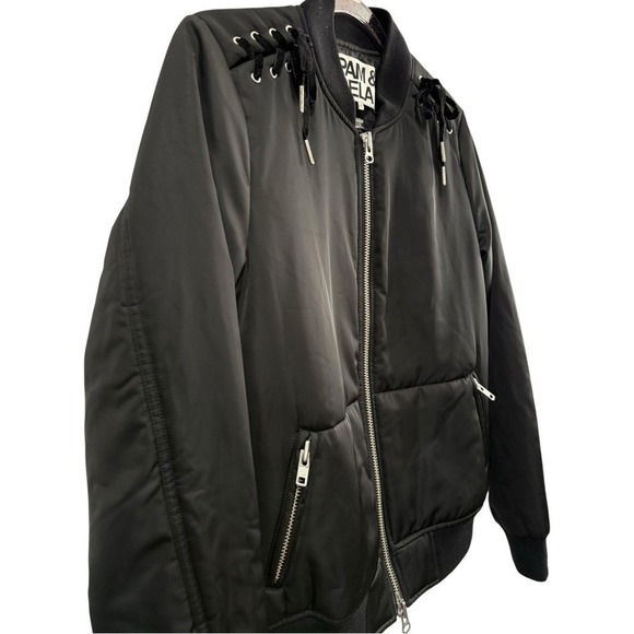 PAM & GELA Black Velvet Lace Up Corset Style Bomber Moto Jacket Medium - Picture 3 of 7